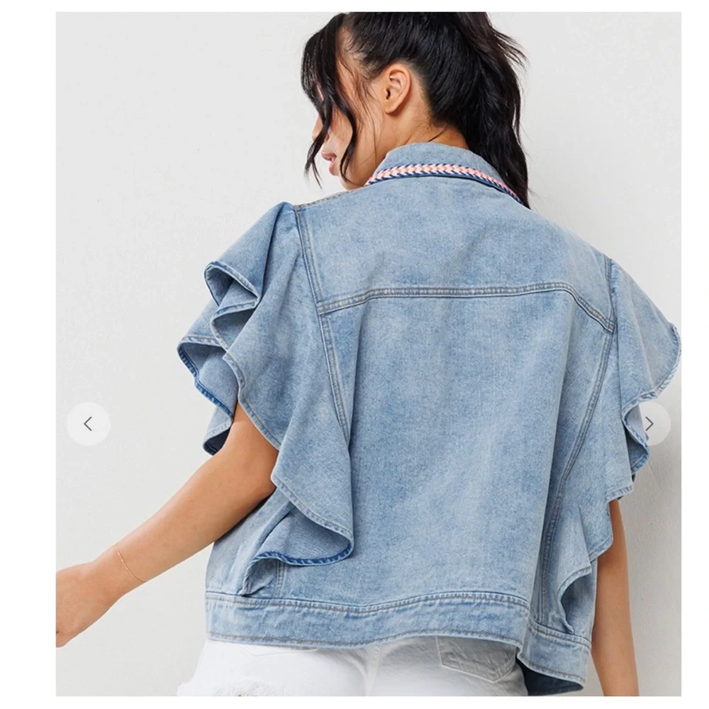 30 Boho Denim Big Ruffle Sleeve Vest Jacket - Picture 5 of 7